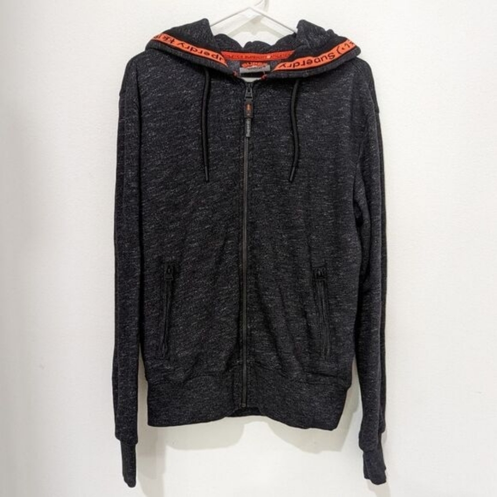 Superdry Athletics Black Grey Heather Cotton Full Zip Drawstring Hoodie Small
